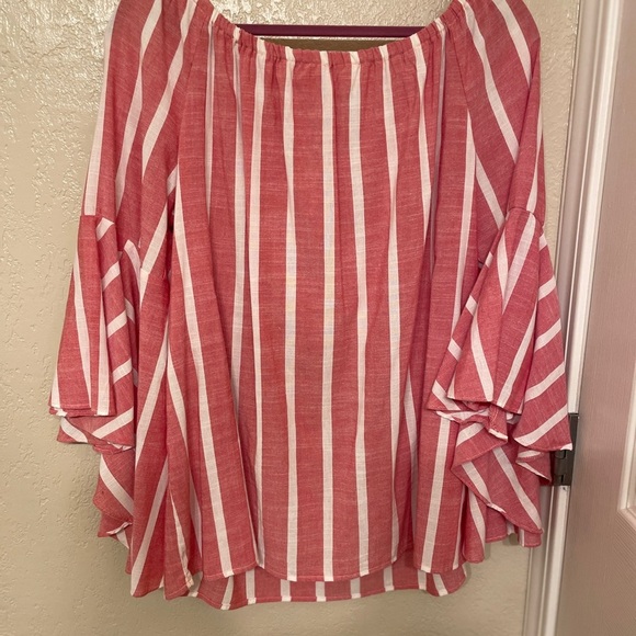 Fever Women’s long sleeve red white striped belle sleeve blouse Nautical Sm - Picture 1 of 11